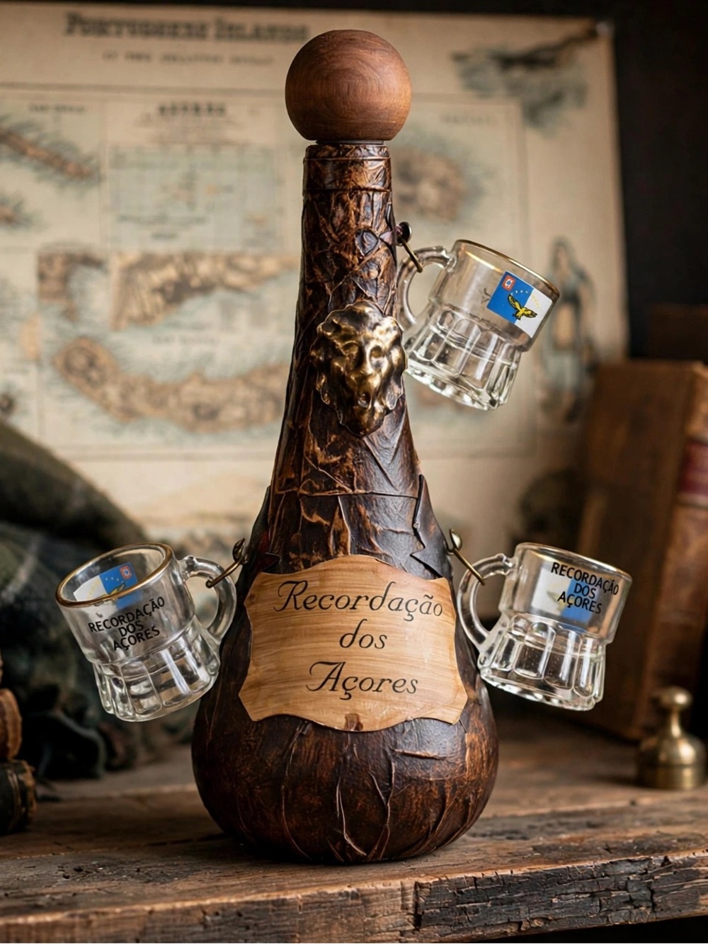 Vintage Azores Leather Decanter + 3 Mini Beer Mug Shot Glasses Bar Set